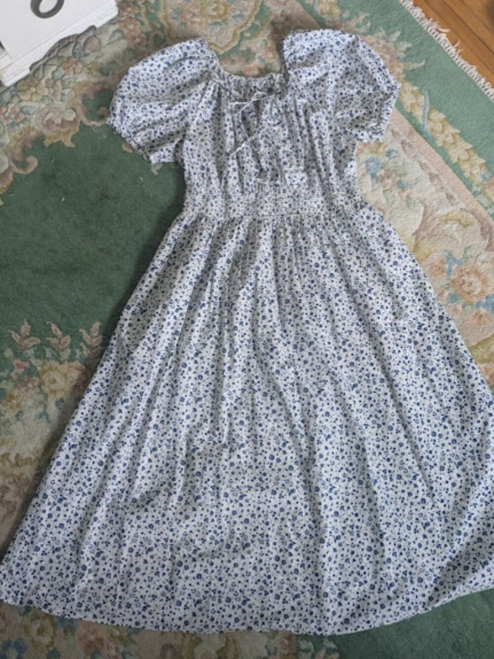 UNIQLO Women XL Volume Sleeve Dress Floral White Blue Midi Cotton Pockets Boho